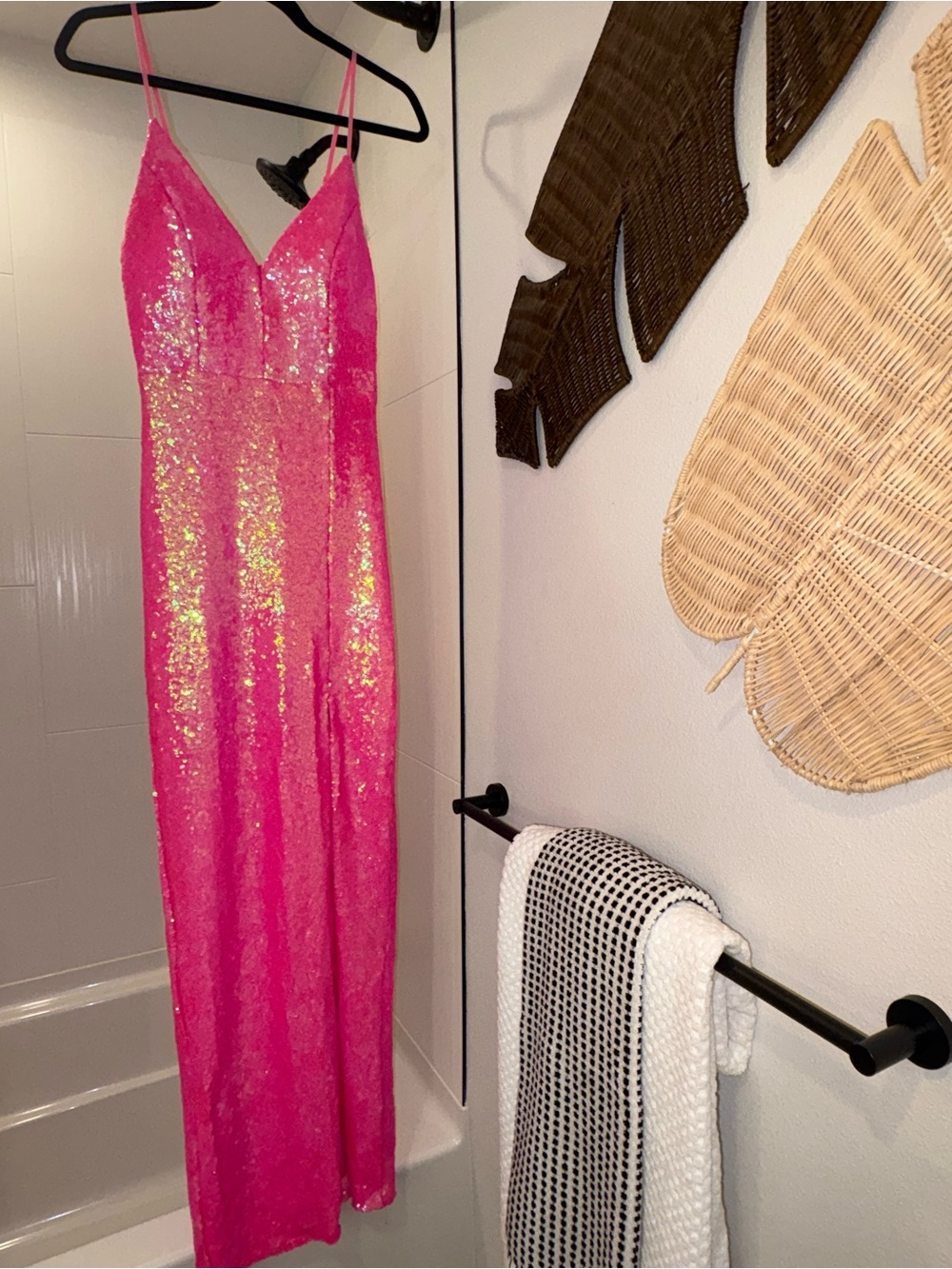 Emerald Sundae Fuchsia Sequin Spaghetti Strap Maxi Dress